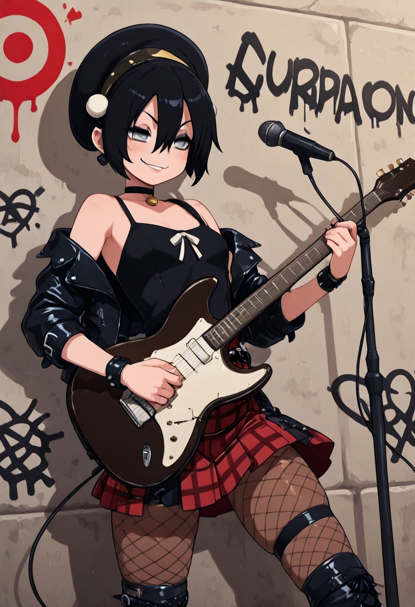 masterpiece, best quality, 1girl, solo, eyelashes, (beautiful eyes),   
zzToph, grey eyes, blind, hair between eyes, short hair, black hair,
 black leather jacket, ripped fishnet tights, plaid skirt, heavy eyeliner, punk boots, graffiti-covered alley, neon lights, microphone, electric guitar, rebellious smirk, confident stance a Under the flickering neon glow, Civchan grips the microphone, her voice cutting through the roar of the underground punk scene. A studded leather jacket hangs off her shoulders, her plaid skirt sways as she leans into the music, and her ripped fishnet tights reveal hints of skindentation. Behind her, a wall of graffiti adds to the chaotic energy, spray-painted slogans of rebellion blending into the electric atmosphere of the night. (cowboy shot, dynamic pose, foreshortening:1.1), 
(playing guitar:1.3),