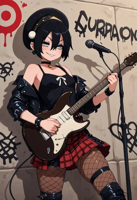 masterpiece, best quality, 1girl, solo, eyelashes, (beautiful eyes),
zzToph, grey eyes, blind, hair between eyes, short hair, black hair,
black leather jacket, ripped fishnet tights, plaid skirt, heavy eyeliner, punk boots, graffiti-covered alley, neon lights, microphone, electric guitar, rebellious smirk, confident stance a Under the flickering neon glow, Civchan grips the microphone, her voice cutting through the roar of the underground punk scene. A studded leather jacket hangs off her shoulders, her plaid skirt sways as she leans into the music, and her ripped fishnet tights reveal hints of skindentation. Behind her, a wall of graffiti adds to the chaotic energy, spray-painted slogans of rebellion blending into the electric atmosphere of the night. (cowboy shot, dynamic pose, foreshortening:1.1),
(playing guitar:1.3),