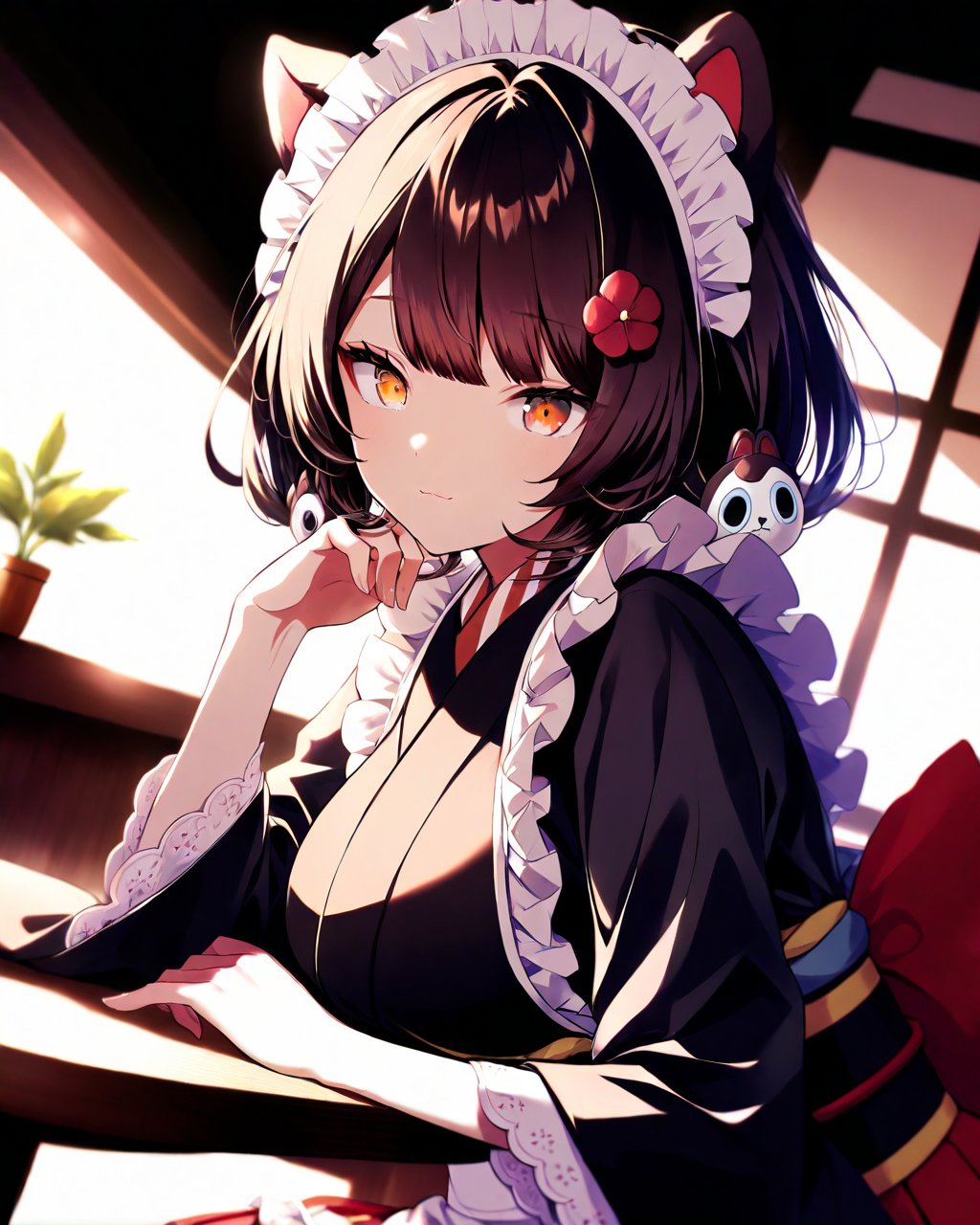 InuiToko,
1girl, solo, dutch angle, from side, upper body,
long hair, brown hair, 
maid headdress, animal ears,
yellow eyes, heterochromia, red eyes, 
low twintails,
dog hair ornament,
hair flower,
light smile,
(looking outside),
table,
elbow on table,
black kimono, large breasts, long sleeves,
arm on table,
maid apron,
obi, red bow,
red skirt,
cafe,
<lora:kp_InuiTokoAnimagineXL_v1_0:1.0>,
masterpiece, best quality, absurdres, 
ultra-detailed, side lighting,
detailed eyes,depth of field, high contrast,