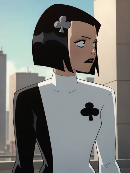 <lora:AcePony1.0:0.85> ace, 1girl, black hair, solo, white leotard, short hair, hairclip, black lipstick, long sleeves, bob cut, looking to the side,simple background, upper body, cowboy shot,score_9, score_8_up, score_7_up, score_6_up, score_5_up, score_4_up city, cityscape,