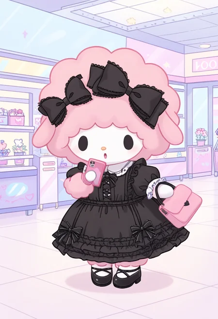 score_9, score_8_up, score_7_up, score_6_up, score_5_up, BREAK
mysweetp, solo, full body, bow, simple background, black footwear, black eyes, standing, open mouth, black bow, goth dress, dot eyes, furry, chibi, feral, pink fur, white face, twin bows, mall, checking cellphone