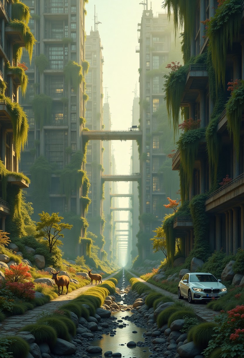 Create a highly detailed, photorealistic image of an abandoned metropolis reclaimed by nature. Towering skyscrapers are draped in lush green moss, creeping vines, and multicolored fungi, their glass and steel facades nearly hidden. Streets are blanketed with dense grasses, wildflowers, and small trees, with abandoned cars half-buried, entwined in vines. A small stream flows through, reflecting the overgrown buildings and golden sunset. Deer, birds, and small mammals roam and graze in this urban jungle. Capture it from a wide-angle, street-level view looking up at the skyscrapers, during golden hour, with warm light casting long shadows, blending man-made decay and nature’s resilience in a serene, haunting mood.