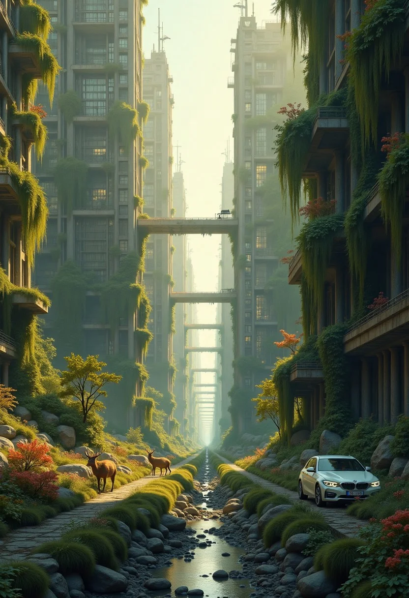 Create a highly detailed, photorealistic image of an abandoned metropolis reclaimed by nature. Towering skyscrapers are draped in lush green moss, creeping vines, and multicolored fungi, their glass and steel facades nearly hidden. Streets are blanketed with dense grasses, wildflowers, and small trees, with abandoned cars half-buried, entwined in vines. A small stream flows through, reflecting the overgrown buildings and golden sunset. Deer, birds, and small mammals roam and graze in this urban jungle. Capture it from a wide-angle, street-level view looking up at the skyscrapers, during golden hour, with warm light casting long shadows, blending man-made decay and nature’s resilience in a serene, haunting mood.