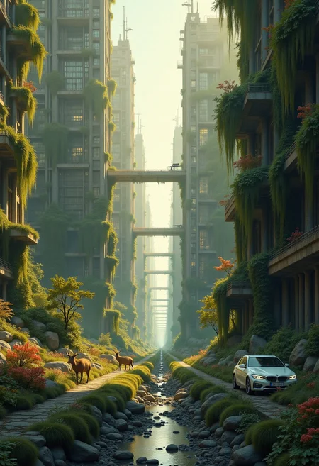 Create a highly detailed, photorealistic image of an abandoned metropolis reclaimed by nature. Towering skyscrapers are draped in lush green moss, creeping vines, and multicolored fungi, their glass and steel facades nearly hidden. Streets are blanketed with dense grasses, wildflowers, and small trees, with abandoned cars half-buried, entwined in vines. A small stream flows through, reflecting the overgrown buildings and golden sunset. Deer, birds, and small mammals roam and graze in this urban jungle. Capture it from a wide-angle, street-level view looking up at the skyscrapers, during golden hour, with warm light casting long shadows, blending man-made decay and nature’s resilience in a serene, haunting mood.