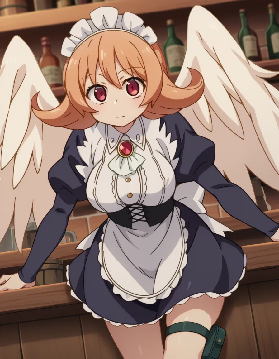 score_9, score_8_up, score_7_up, source_anime,
reviewermeidri, <lora:reviewer-meidri-ponyxl-lora-nochekaiser:1>
meidri, short hair, bangs, red eyes, orange hair, flipped hair, mature female,
long sleeves, dress, jewelry, frills, wings, puffy sleeves, apron, maid, maid headdress, thigh strap, juliet sleeves, brooch, white apron, feathered wings, maid apron, puffy long sleeves, white wings,
indoors, bar, tavern, bent over,
looking at viewer, dutch angle, cowboy shot,