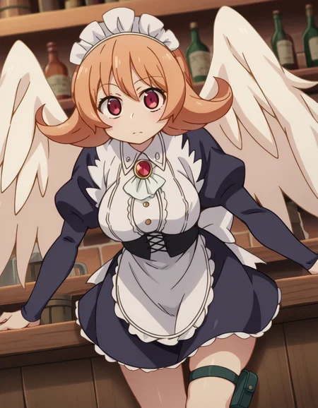 score_9, score_8_up, score_7_up, source_anime,
reviewermeidri, <lora:reviewer-meidri-ponyxl-lora-nochekaiser:1>
meidri, short hair, bangs, red eyes, orange hair, flipped hair, mature female,
long sleeves, dress, jewelry, frills, wings, puffy sleeves, apron, maid, maid headdress, thigh strap, juliet sleeves, brooch, white apron, feathered wings, maid apron, puffy long sleeves, white wings,
indoors, bar, tavern, bent over,
looking at viewer, dutch angle, cowboy shot,