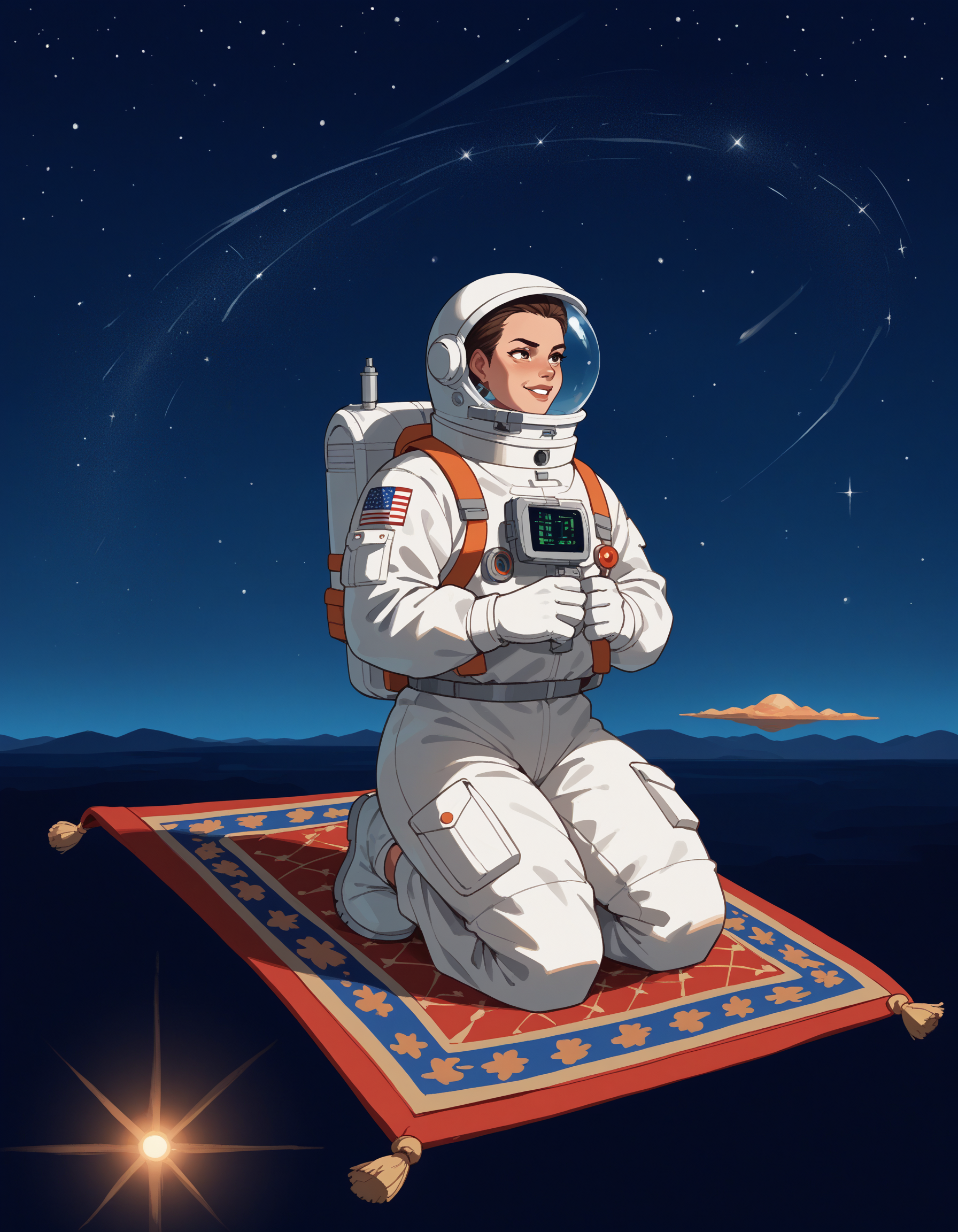 score_9, score_8_up, score_7_up, score_6_up, score_5_up, score_4_up, 1girl, solo, The Daring Astronaut, Suited up in a form-fitting spacesuit, her gaze fixed on faraway galaxies, she explores the universe while embodying the ultimate fusion of strength and sensuality ,  hud_fly1ng_c4rpet, facing viewer, flying, kneeling, magic carpet, sky, night <lora:hud_fly1ng_c4rpet_XLP:0.8> ,