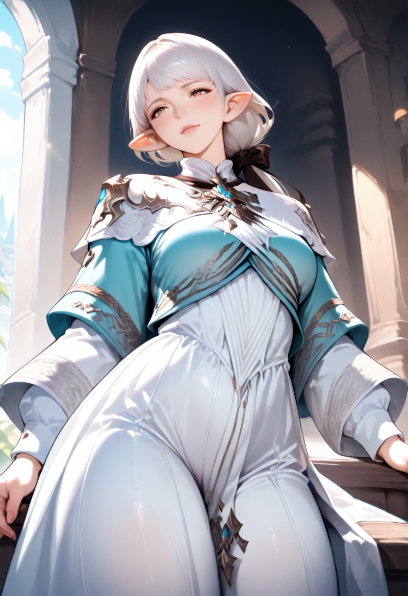 1girl,ameliance,final fantasy xiv,solo,brown eyes,white hair,bow,ponytail,mature female,tall female,sensitive,blush,cowboy shot,dynamic pose<lora:animaginliance:0.8> masterpiece, high score, great score, absurdres