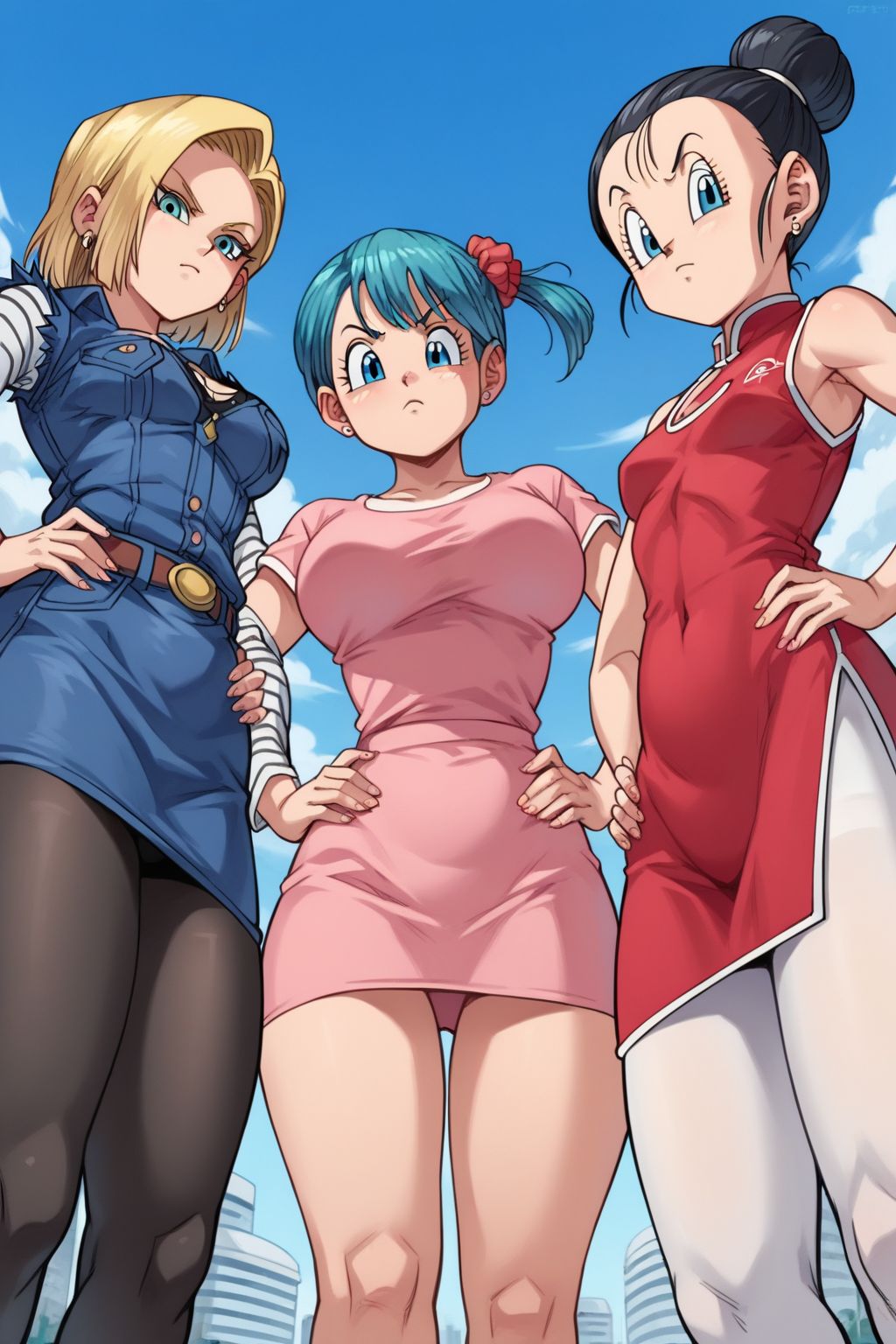 (zPDXL),  source_anime, source_cartoons,
3girls, standing, hands on own hips, 
(facing viewer:1.2), cowboy shot, 
serious look, serious face, looking at viewer, 
from below,
background(city),
BREAK,
android 18, medium breasts, (shortstack:0.8), 
black pantyhose ,  blue skirt, detached sleeves,
BREAK,
<lora:Adult_Bulma_Dragon_Ball_Super_-_Pony:1> bulma, dark blue hair, side ponytail, large breasts, 
(shortstack:0.8), slim,
pink short dress,
BREAK,
chi-chi \(dragon ball\),  small breasts, shortstack, skinny, slim, petite,
long blue chinese dress, white pantyhose , red