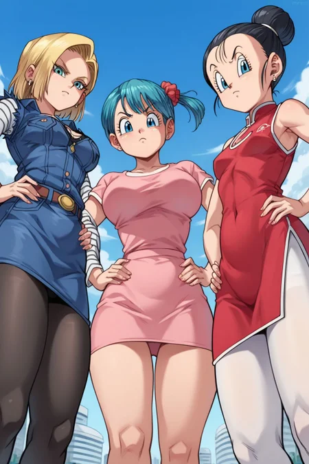 (zPDXL),  source_anime, source_cartoons,
3girls, standing, hands on own hips, 
(facing viewer:1.2), cowboy shot, 
serious look, serious face, looking at viewer, 
from below,
background(city),
BREAK,
android 18, medium breasts, (shortstack:0.8), 
black pantyhose ,  blue skirt, detached sleeves,
BREAK,
<lora:Adult_Bulma_Dragon_Ball_Super_-_Pony:1> bulma, dark blue hair, side ponytail, large breasts, 
(shortstack:0.8), slim,
pink short dress,
BREAK,
chi-chi \(dragon ball\),  small breasts, shortstack, skinny, slim, petite,
long blue chinese dress, white pantyhose , red