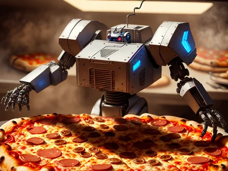 action shot of the mechaghetti meafbaw hypercannon equipped robot in a pizza cage, masterpiece, shaded, clothing list
, topics wide reach of discussion, detailed, meigndetail a short woman in the pizza kitchen, intricate, detailed, realism