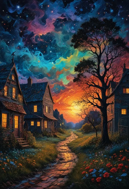 art, oil painting, best quality, dark tales, the image displays a vibrant, colorful artwork with large tornado intricate swirls. in the van gogh style, starry sky, dan mumford, andy kehoe, 2d, flat, delightful, vintage, art on a cracked paper, patchwork, stained glass, fairytale, storybook detailed illustration, cinematic, ultra highly detailed, tiny details, beautiful details, mystical, luminism, vibrant colors, complex background