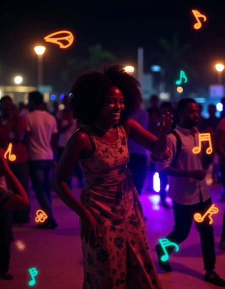 A photograph of a lively 26-year-old Afro-Caribbean woman dancing in Jamaica at night, but she's surrounded by an aura of swirling, neon-colored musical notes., <lora:amateurphoto-v5-14-15-1-1:0.4> <lora:Another_Amateur_Lora:0.4> <lora:Phlux:0.4> <lora:UltraRealistic_Lora_Project:0.4>