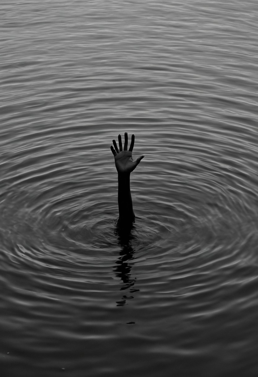 A black and white photograph captures a partially submerged human figure standing in calm water, with the figure visible from the torso up in profile silhouette against a grey background. Four dark silhouetted hands with spread fingers reach upward from the water's surface around the central figure, creating dramatic shapes against the rippling water. The high-contrast composition shows even lighting across the scene, emphasizing the interplay of light and shadow on the water's surface. The medium shot framing captures the entire figure and reaching hands in a single frame. High-contrast black and white photography with dramatic lighting and sharp focus.