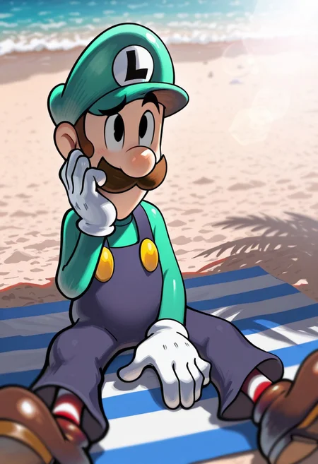 masterpiece, newest,absurdres,incredibly absurdres, best quality, amazing quality, very aesthetic, 
, depth of field, blurry foreground, bokeh,Beach , palmeras, solo,ITLuigi,cartoon-style,brown hair, black eyes,slim, moustache, round nose,green hat,green long-sleeved shirt, blue overalls,  brown shoes, white gloves, yellow buttons,  striped socks,red and white socks, L emblem on hat,,
,sitting, hand on  cheek ,
re4lity_sync_illu