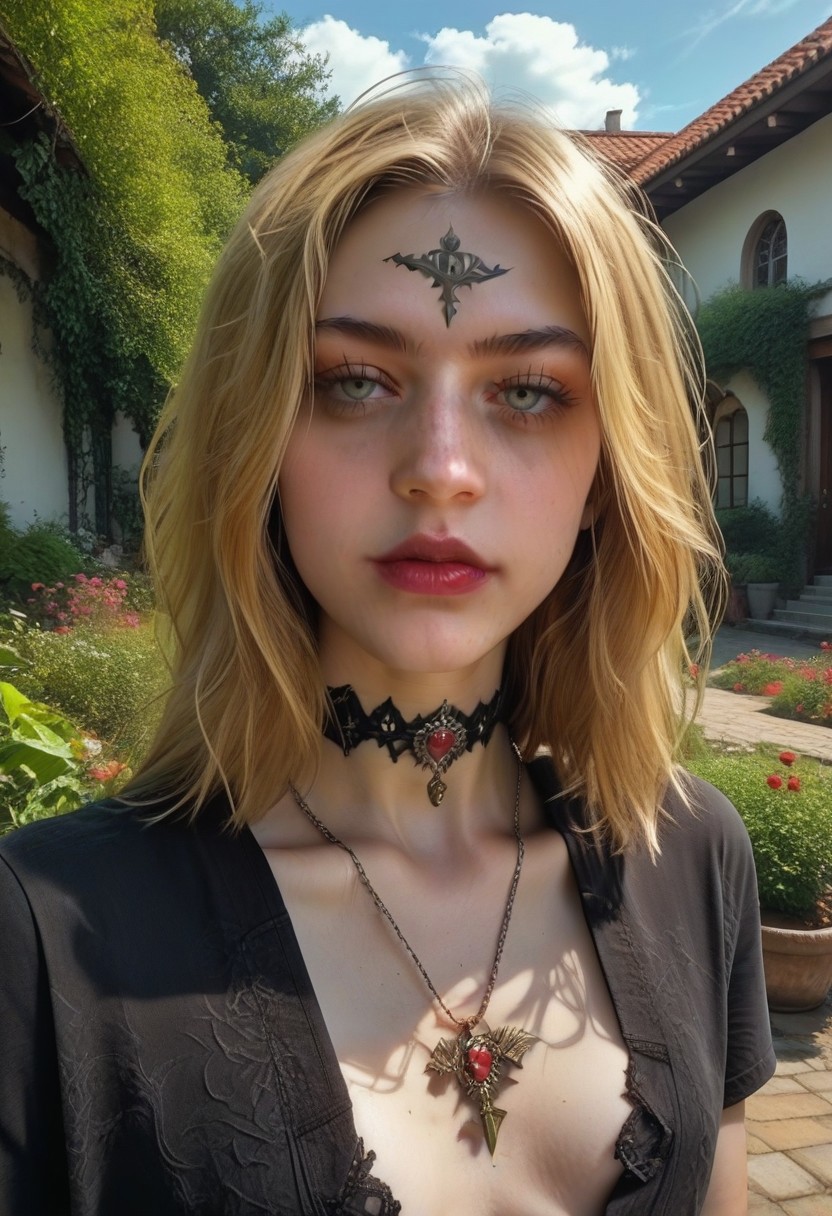 score_9, score_8_up, score_7_up, andrea, solo, 1girl, (tight shirt), braless, breasts apart, small breasts, garden, outdoors, choker 
bela, 1girl,  blonde hair, , jewelry, long hair, necklace, , looking at viewer
Goth girl