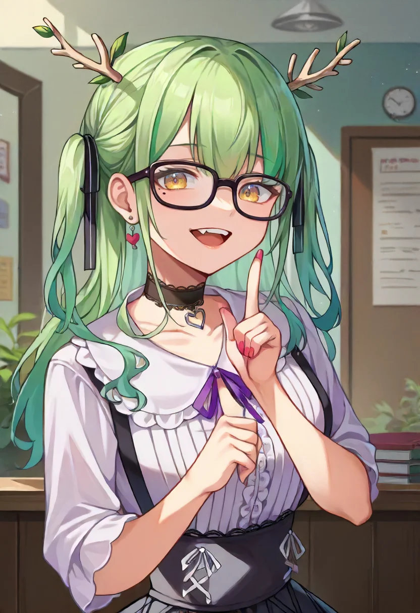 score_9, score_6_up, source_anime, 1girl, solo, upper body, indoors, index finger raised, buck teeth, nerd, fauna_casual, two side up, antlers, glasses, white shirt, frills, black skirt, high-waist skirt, ribbon, black choker, earrings, pink nails, mole under eye <lora:ceres_fauna_sdxl_pony:1>