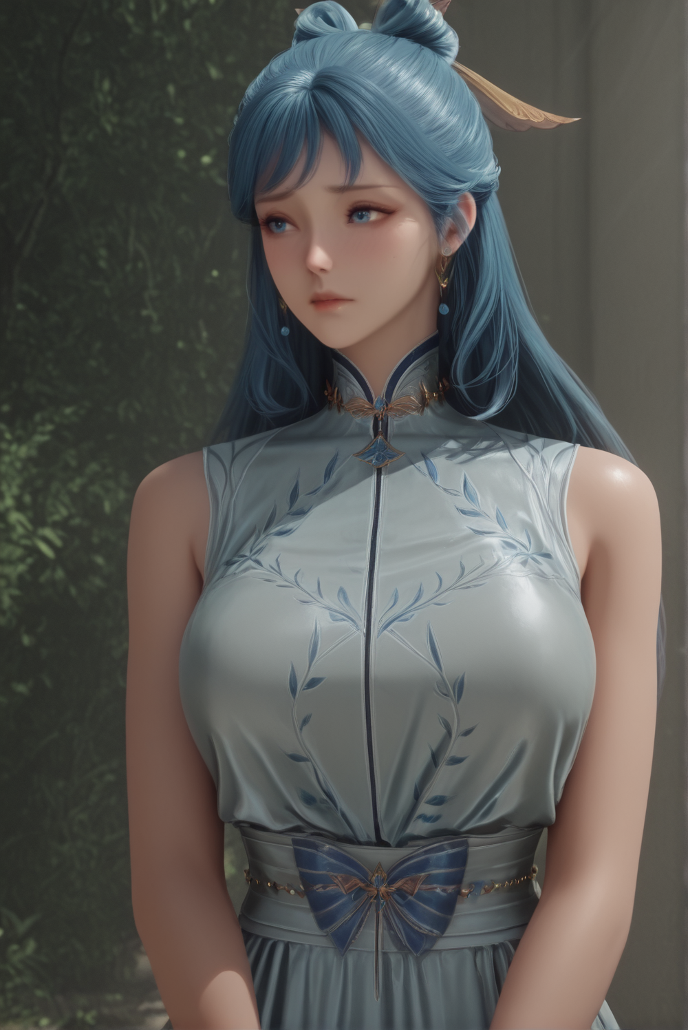 <lora:Wang_Donger:1.2>, wangdonger, woman, 1girl, girl shy, girl blush, girl blue eyes,  girl blue hair, girl long hair, looking away, embarrassed, s2 dress, very detailed face, mature woman, beautiful skin, (fair skin:1.5) , detailed eyes, (huge breasts:0.8), slender, curvy, bare shoulders, bare neck,  , ultra detailed, high resolution, best quality, realistic anime style, perfect face, face focus,  girl jewelry, girl earrings, 
 cowboy shot,  day, outdoor, sunny, sunlight, bright light, detailed background,  front view, behind view, multiple views, narrow waist, upper body
