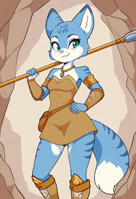 masterpiece, best quality, 1girl, solo, eyelashes, (beautiful eyes), zzKrystalDino, green eyes, furry female, blue fur, blue hair, animal ears, body fur, two-tone fur, white fur, necklace, strapless dress, brown dress, bare shoulders, tail, knee boots, <lora:KrystalDinosaurPlanet_IXL:1.0>, smile, hand on hip, hip to the side, polearm on shoulder, <lora:Diives_NAI:1.0>, diives,