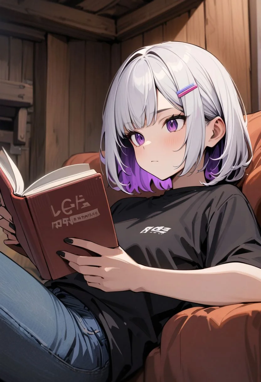 1girl,
masterpiece, best quality, very aesthetic, absurdres,
purple eyes,multicolored hair,portrait, white hair, inner hair, purple inner hair, purple inner, short hair, 
black nail, HDA_flipped hair, hair ornament, hair clips, hairclips,
medium_breasts, 
full body,
log house, living room, sofa, table, 
black tshirt, jean shorts, hot pants,
sitting on the sofa, relaxing, reading a book,