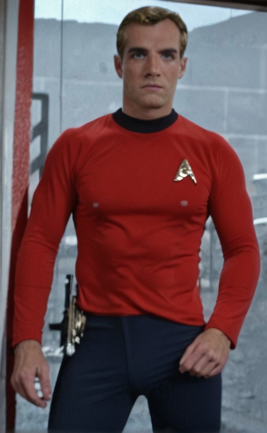 Handsome, masculine, blonde, star trek, red shirt, muscle,  tall, tight shirt, tight pants, bulgedleg_pants,
