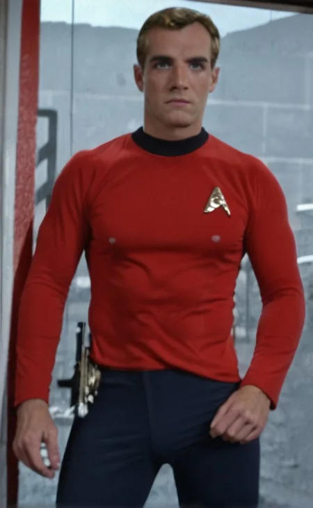 Handsome, masculine, blonde, star trek, red shirt, muscle, tall, tight shirt, tight pants, bulgedleg_pants,