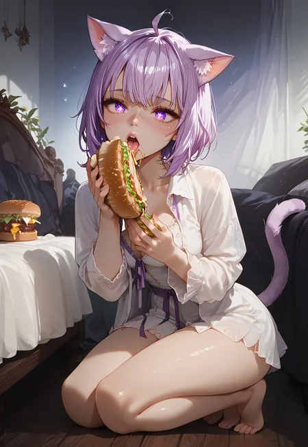score_9, score_8_up, score_7_up, c3l3st3n01r, CelesteNoir, source_anime, zPDXL3, 1girl, solo, ((wide open mouth, sparkling eyes:1.3), eating a sandwich, hololive), okayuBase, short hair, purple eyes, purple hair, cat ears, cat tail, ahoge, barefoot, soft lights, soft shadows, shiny skin, Expressiveh