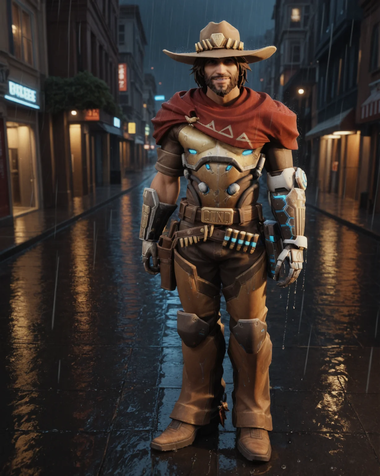 score_9, score_8_up, score_7_up, rating_questionable, intricately detailed, high resolution,
rain, wet street, wet, science fiction city, futuristic buildings, high rises, on a road, at night, darkness, rainfall, dark theme, depth of field, detailed background
,
<lora:Cassidy_McCree_Fortnite:0.8>, 1boy(c_mccree, mcc_hat, slight smile, 
full body, looking at viewer, solo),
front view, 
<lora:ral-chrosc-clr:0.5>, ral-chrosc-clr,
<lora:Expressive_H:0.5>
<lora:xl_more_art-full_v1:0.3>,
<lora:add-detail-xl:0.3>