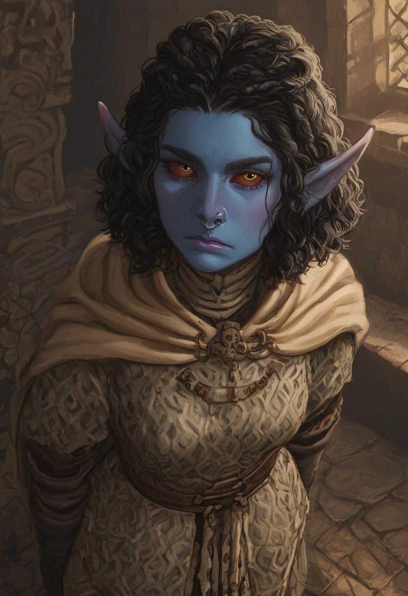 safe_pos, solo, short pointy ears, piercings, random elf face, aquiline features, androgenous dark elf, brow rings, nose rings, beaded piercings, weathered skin, large nose, insect chitin armor, insect chitin helmet, insect chitin ornaments, stylized insect pattern, athletic build,  animated realism, zoomed out, Syrian features, torso, brass pipes and gears, intricate architecture, dwarven masonry, dwemer fixtures, white-green light, gloomy lighting, ancient ruins, interior, stone tiled floor, grey-blue skin, mahogany and ivory clothes, medium armor, bone plate armor, ivory straps and fittings, alien bone ornaments, grey wood neckguard, red sclera, black pupils, blue-green light, neon, highly detailed, defined features, looking at viewer, three quarters view, from above, dynamic lighting, 19 years old, light and shadows, patterned cloth, annoyed expression, expressive eyes, detailed medieval clothes, medium_breasts, short hair, wavy hair, thick hair, beaded hair, braided hair, under cut hair, semirealistic, alien elf, spanish features, jewish features, black hair, dark red hair, umber skin, sharp features, pastel green inuit print cloak, nighttime, high detail, absurdres, pretty eyes, detailed eyes, yellow eyes,