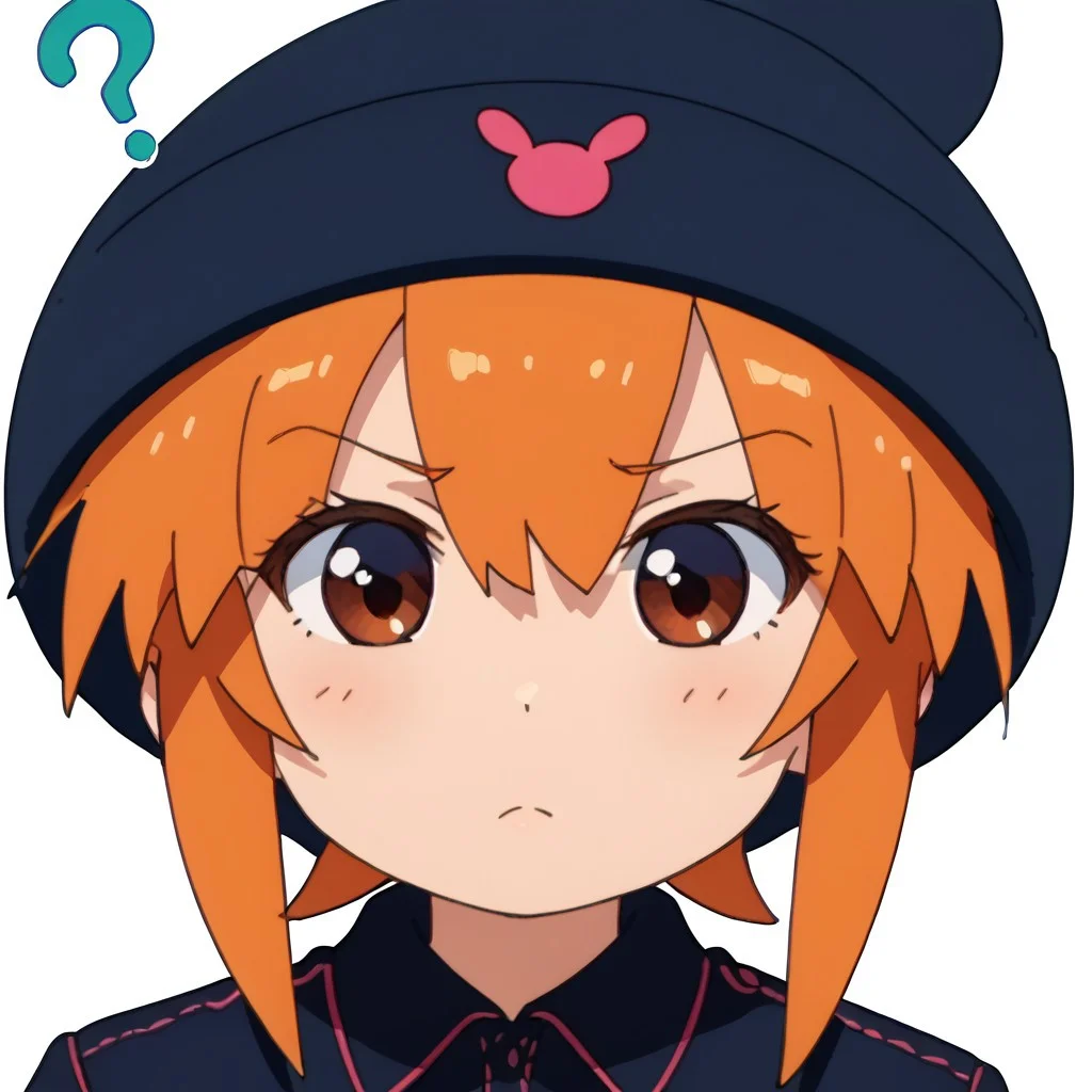 score_8, score_8_up, score_7_up, 1girl, solo, female focus, source_anime, anime screenshot, clagwimoth, confused, ?, portrait, 1girl, solo, female focus, looking at viewer, usagi_kurokawa, beanie, black headwear, hat ornament, orange hair, bangs, short hair, sidelocks, denim jacket, black jacket, collared jacket, simple background, white background,