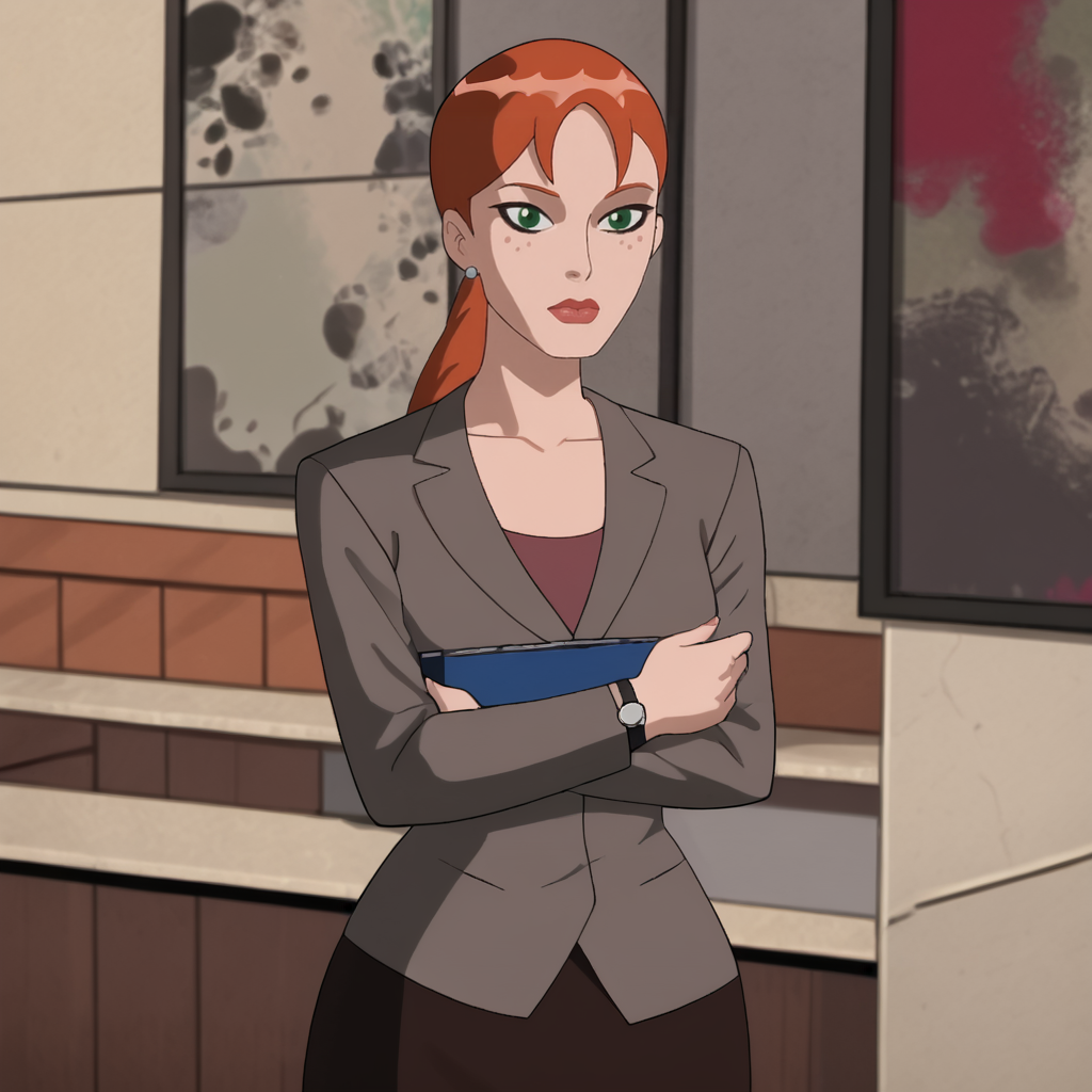 <lora:pepperpottsemh_pony_v1:1> pepperpottemh, 1girl, pencil skirt, green eyes, grey jacket, lipstick, ponytail, red hair, earrings, jewelry, makeup, black skirt, office lady, formal, long hair, suit, shirt