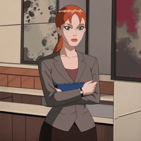 <lora:pepperpottsemh_pony_v1:1> pepperpottemh, 1girl, pencil skirt, green eyes, grey jacket, lipstick, ponytail, red hair, earrings, jewelry, makeup, black skirt, office lady, formal, long hair, suit, shirt