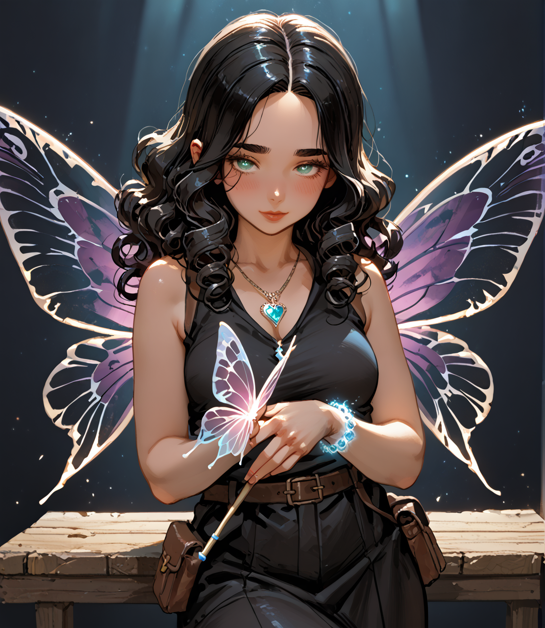 PonyScores7, source_anime, ah1, <lora:natsumi_style:1>, BREAK 1girl, (curly hair), long hair, (black hair:1.3), mature female, (parted hair:1.7), (round face:1.2), (thick eyebrows), (curvy), round-chin, (greenish hazel eyes), caucasian, (downturned eyes:1.2), (plump face), <lora:ETO_OCPonyXL:0.5> eto_oc, skindentation, (plump), thick thighs, wide hips, busty, voluptuous, kinky curls, lips, <lora:venus body PonyXL:0.4>,  (shy, blush, smirking at viewer), (Resting on a bench in a park leaning back with hands behind the head enjoying the moment,), (Malevolent, ghost ship), looking at viewer, (Charcoal (jeweled headband, enchanted key pendant, enchanted bracelet with tiny charms, holding a magical wand adorned with gemstones, glowing ankle bracelet, holding a fairy dust pouch, translucent butterfly wings), BREAK <lora:xl_more_art-full_v1:0.2>, <lora:shinyskin2:0.2> glistening skin, <lora:aesthetic_anime_v1s:0.2>, <lora:Expressive_H:0.2> Expressiveh, <lora:hairdetailpxl:0.2> hairdetailpxl, <lora:EpicF4nta5yXL:0.2>, <lora:detailxl:0.2> detailxl, <lora:Fant5yP0ny:0.2>, best quality, amazing quality, best aesthetic, absurdres, <lora:expressive eyes:0.2> expressive eyes, <lora:eyedetailpxl:0.2> eyedetailpxl, illustration, Volumetric_Lighting, ultra-detailed, very aesthetic, intricate details, 8k, masterpiece, best_quality, BREAK (Ground level (from behind) view Close shot), BREAK <lora:Eyes_High_Definition:0.3> EyesHD, Stable_Yogis_PDXL_Positives, AS-Adult, <lora:Complicated fantasy portrait - XL Pony V2.0:0.4>, bad-hands-5,