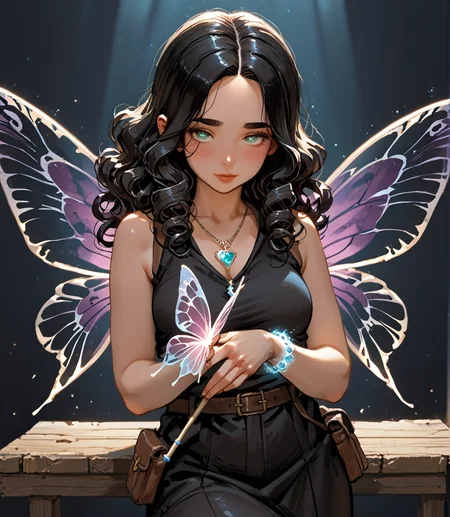 PonyScores7, source_anime, ah1, <lora:natsumi_style:1>, BREAK 1girl, (curly hair), long hair, (black hair:1.3), mature female, (parted hair:1.7), (round face:1.2), (thick eyebrows), (curvy), round-chin, (greenish hazel eyes), caucasian, (downturned eyes:1.2), (plump face), <lora:ETO_OCPonyXL:0.5> eto_oc, skindentation, (plump), thick thighs, wide hips, busty, voluptuous, kinky curls, lips, <lora:venus body PonyXL:0.4>,  (shy, blush, smirking at viewer), (Resting on a bench in a park leaning back with hands behind the head enjoying the moment,), (Malevolent, ghost ship), looking at viewer, (Charcoal (jeweled headband, enchanted key pendant, enchanted bracelet with tiny charms, holding a magical wand adorned with gemstones, glowing ankle bracelet, holding a fairy dust pouch, translucent butterfly wings), BREAK <lora:xl_more_art-full_v1:0.2>, <lora:shinyskin2:0.2> glistening skin, <lora:aesthetic_anime_v1s:0.2>, <lora:Expressive_H:0.2> Expressiveh, <lora:hairdetailpxl:0.2> hairdetailpxl, <lora:EpicF4nta5yXL:0.2>, <lora:detailxl:0.2> detailxl, <lora:Fant5yP0ny:0.2>, best quality, amazing quality, best aesthetic, absurdres, <lora:expressive eyes:0.2> expressive eyes, <lora:eyedetailpxl:0.2> eyedetailpxl, illustration, Volumetric_Lighting, ultra-detailed, very aesthetic, intricate details, 8k, masterpiece, best_quality, BREAK (Ground level (from behind) view Close shot), BREAK <lora:Eyes_High_Definition:0.3> EyesHD, Stable_Yogis_PDXL_Positives, AS-Adult, <lora:Complicated fantasy portrait - XL Pony V2.0:0.4>, bad-hands-5,