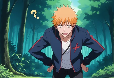 score_9, score_8_up, score_7_up, source_anime, masterpiece, 1boy, ichigo kurosaki, jacket,  , <lora:ichigo_kurosaki_ponyxl:1>, , open mouth,  !?, confused , perplexed , confused,  ..., . . ., weary smile,, in a lush forest , trees , outdoors,, solo,  standing,  hands on own hips,  leaning forward,
