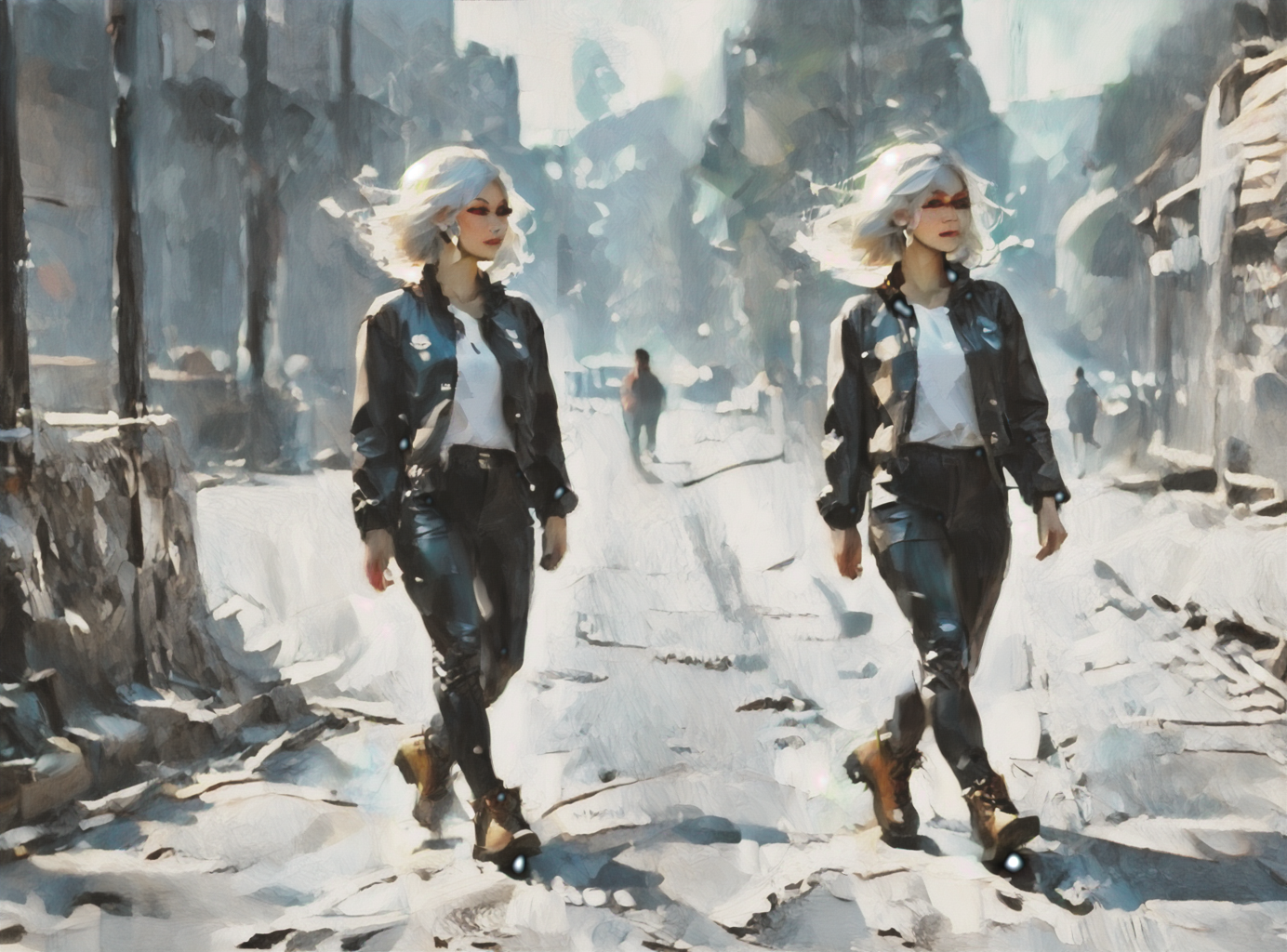 score_9, score_8_up, score_7_up, character in profile, walking, looking at surroundings, 1girl, pale skin, medium breasts, <lora:sm0k3XLP:1>, <lora:goth_clothes:1>, Black leather jacket, black leather pants, black riding boots, white highlights, Long white hair, young face, <lora:Our_Muted_Future_Style:1>, <lora:OilpaintIMP:1> 0cmtr1g, 0cm, 0cm1sc, 4rch,