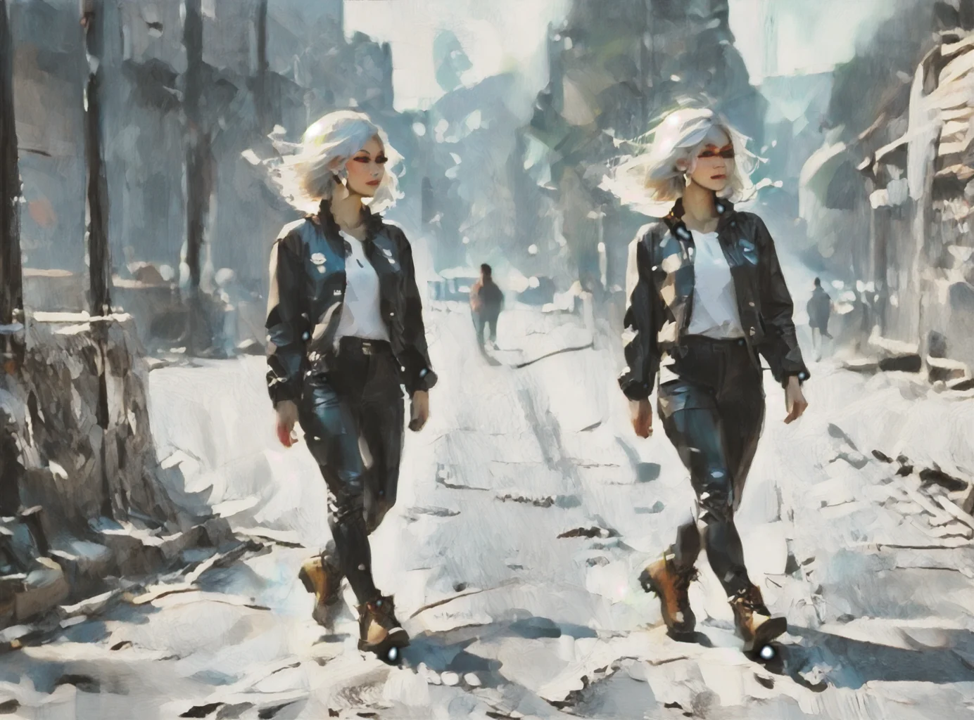 score_9, score_8_up, score_7_up, character in profile, walking, looking at surroundings, 1girl, pale skin, medium breasts, <lora:sm0k3XLP:1>, <lora:goth_clothes:1>, Black leather jacket, black leather pants, black riding boots, white highlights, Long white hair, young face, <lora:Our_Muted_Future_Style:1>, <lora:OilpaintIMP:1> 0cmtr1g, 0cm, 0cm1sc, 4rch,