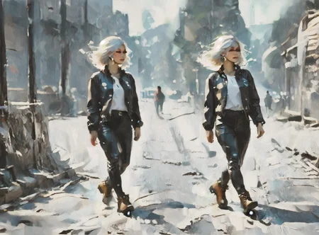 score_9, score_8_up, score_7_up, character in profile, walking, looking at surroundings, 1girl, pale skin, medium breasts, <lora:sm0k3XLP:1>, <lora:goth_clothes:1>, Black leather jacket, black leather pants, black riding boots, white highlights, Long white hair, young face, <lora:Our_Muted_Future_Style:1>, <lora:OilpaintIMP:1> 0cmtr1g, 0cm, 0cm1sc, 4rch,