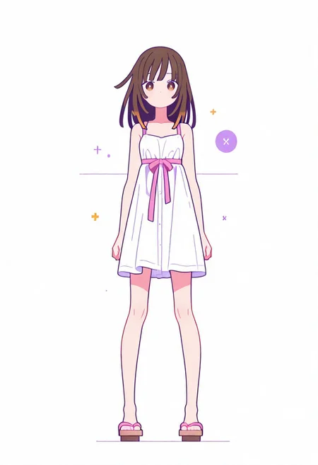Flatline, Flat vector illustration, looking at viewer, full_body, 
nadeko, long hair, long bangs, brown hair, white dress, sundress, ribbon, bare shoulders,
slim, slender, knees, long legs, beautiful legs, barefoot, geta wooden sandals, 
from front, front view, straight-on, look at viewer, standing, (legs apart:1.4), 
white background,