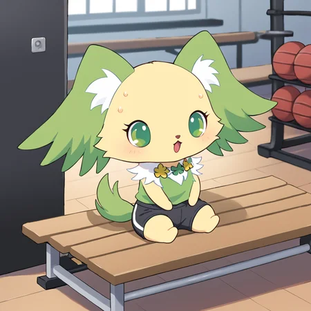 score_9, score_8_up, score_7_up, source_furry, solo, furry, no humans, jpperidot, chibi, feral, 3 toes, green winged ears, yellow fur, yellow body, green tail, white inner ear fluff , green butterfly clip, shorts, tank top, green eyes, stern look, looking at another, open mouth, sweat, breath, sitting, on gym bench, detailed background, gym, <lora:jp_Peridot_Pony:1>