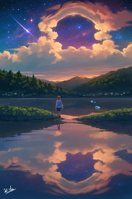 PDXL, source_anime, <lora:AlpcmasV1:1>, alpcm4s, landscape,
giant lake, night sky, stars, galaxies,
volumetric reflections, volumetric shadows, HDR, shot on Canon DSLR