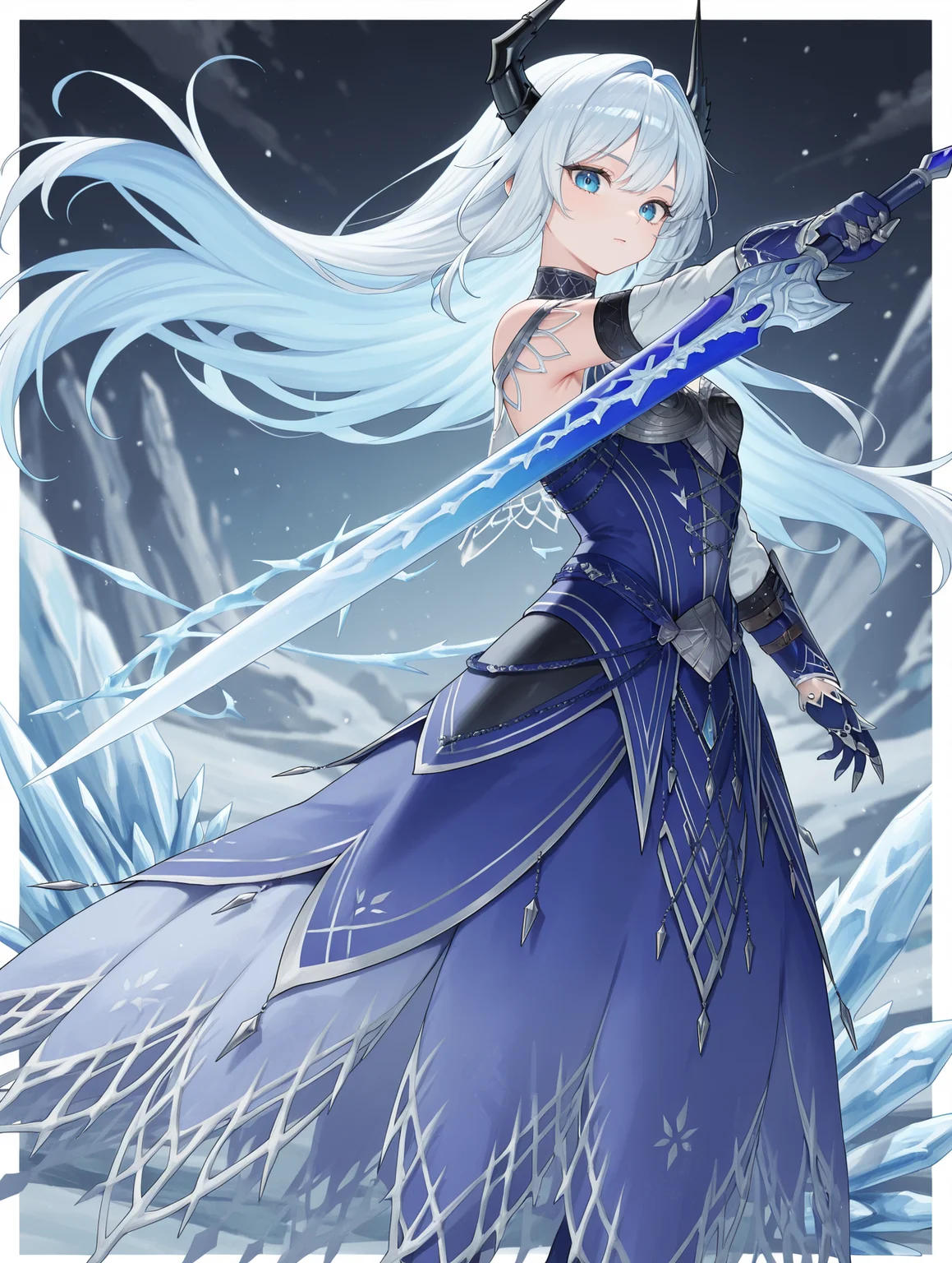 velkhana armor, blue long dress, 1girl, solo, long hair, blue eyes, blue hair, black horns, looking at viewer, ice, holding blue sword, blue gloves, white hair, blue sword, white border, floating hair,
masterpiece,best quality,amazing quality,very aesthetic,absurdres,newest,<lora:Velkhana Armor Beta illuXL v1.1:0.77>,side,