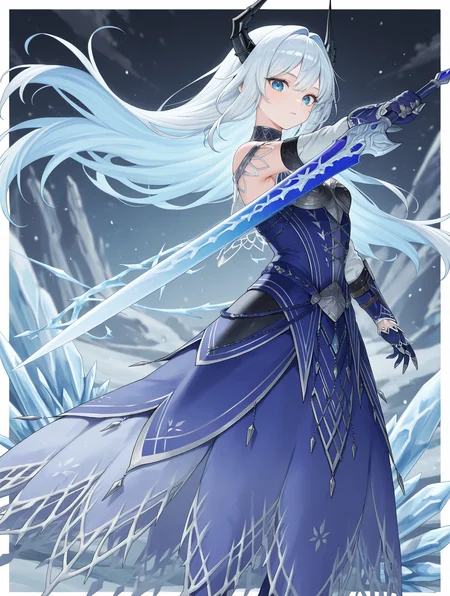velkhana armor, blue long dress, 1girl, solo, long hair, blue eyes, blue hair, black horns, looking at viewer, ice, holding blue sword, blue gloves, white hair, blue sword, white border, floating hair,
masterpiece,best quality,amazing quality,very aesthetic,absurdres,newest,<lora:Velkhana Armor Beta illuXL v1.1:0.77>,side,