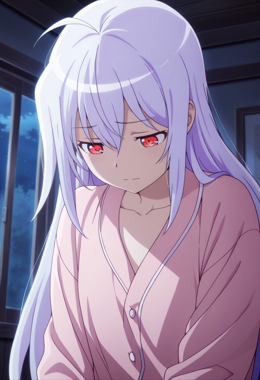 masterpiece,best quality,amazing quality, isla, long hair, silver-lavender hair, red eyes, 1girl, solo, ahoge, anime coloring, looking down, pajamas, sad, indoors, closed mouth, night, collarbone, upper body