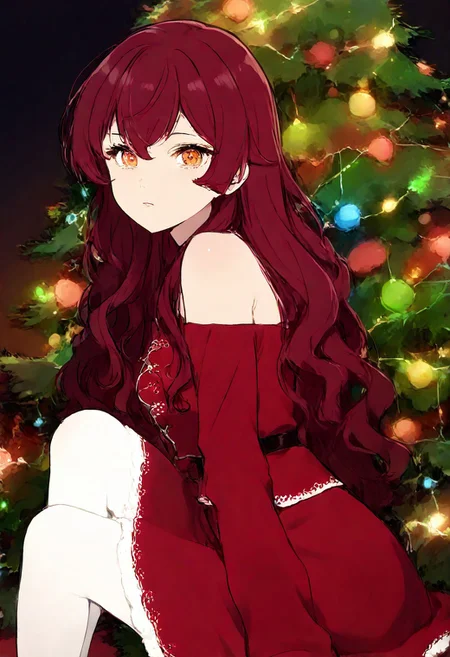 1girl, sitting, bare shoulders, red and black clothes, white tights, christmas clothes, dark red hair, long wavy hair, looking at viewer, christmas tree, christmas decoration, side view, sitting, christmas lights, masterpiece, highres, absurdres solo, score_9, score_8_up, score_7_up, 2d color,