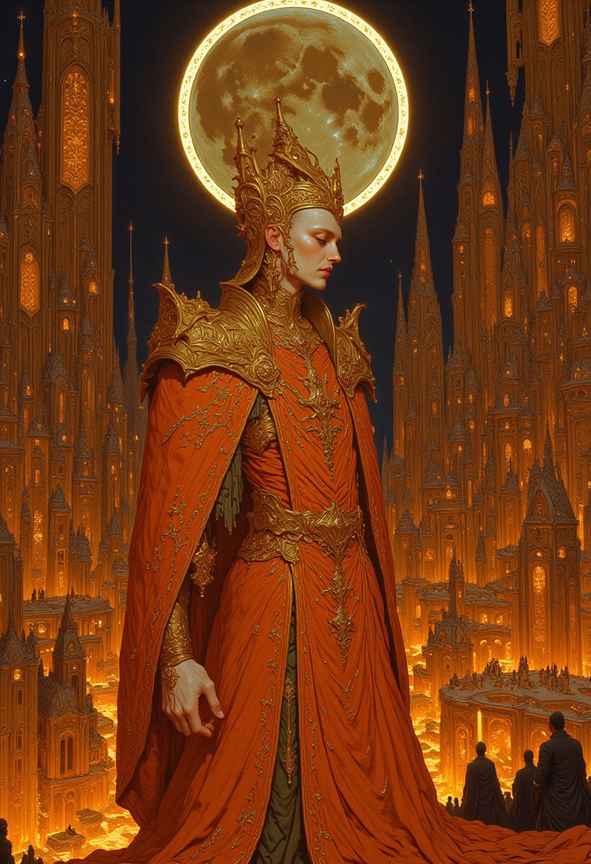 This is a highly detailed and realistic digital painting depicting an elegant, pure-white-skinned woman standing in an elaborate, futuristic cityscape at night. She is adorned in a luxurious, flowing orange robe with intricate golden embroidery and patterns, cascading gracefully to the ground. Her regal presence is accentuated by an ornate golden crown and an array of shimmering golden accessories, including bracelets and necklaces. Her expression is serene and contemplative, eyes gently closed, with her hands delicately clasped in front of her. The background features a vibrant, futuristic metropolis bathed in radiant golden and orange hues, with towering, intricate structures illuminated by warm golden lights. The futuristic architecture consists of sharp, angular forms and glowing windows, creating an otherworldly ambiance. A massive, glowing moon dominates the sky, casting an ethereal glow over the cityscape, enhancing the dreamlike atmosphere. The painting showcases exceptional depth and texture, with masterful use of contrasting colors and intricate details in both the woman’s attire and the urban environment, resulting in a visually mesmerizing and immersive scene.