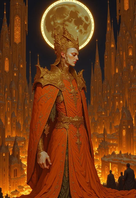 This is a highly detailed and realistic digital painting depicting an elegant, pure-white-skinned woman standing in an elaborate, futuristic cityscape at night. She is adorned in a luxurious, flowing orange robe with intricate golden embroidery and patterns, cascading gracefully to the ground. Her regal presence is accentuated by an ornate golden crown and an array of shimmering golden accessories, including bracelets and necklaces. Her expression is serene and contemplative, eyes gently closed, with her hands delicately clasped in front of her. The background features a vibrant, futuristic metropolis bathed in radiant golden and orange hues, with towering, intricate structures illuminated by warm golden lights. The futuristic architecture consists of sharp, angular forms and glowing windows, creating an otherworldly ambiance. A massive, glowing moon dominates the sky, casting an ethereal glow over the cityscape, enhancing the dreamlike atmosphere. The painting showcases exceptional depth and texture, with masterful use of contrasting colors and intricate details in both the woman’s attire and the urban environment, resulting in a visually mesmerizing and immersive scene.