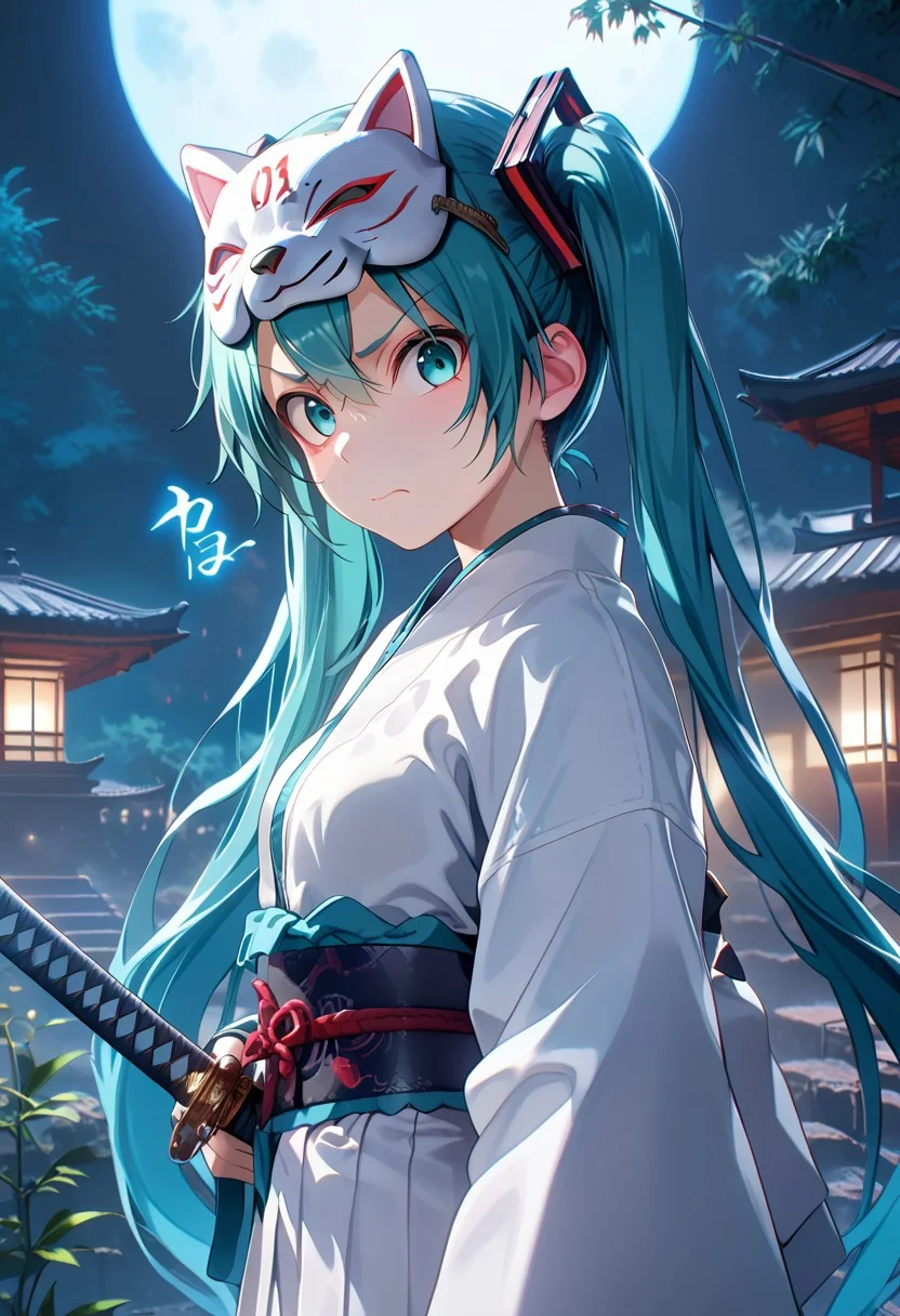 score_9, score_8_up, score_7_up,
source_anime,
BREAK 
1girl,hatsune miku,aqua hair,  twintails, hair ornament, aqua eyes,small breasts,
japanese clothing,warrior,
fox mask on head,
angry,
wide eyes,
closed mouth,
BREAK 
hkwarrior,
holding a sword in hand, with glowing blue light effects, 
outdoor,night,full moon,japanese architecture,forest,
(upper body),
from side,
looking at viewer,