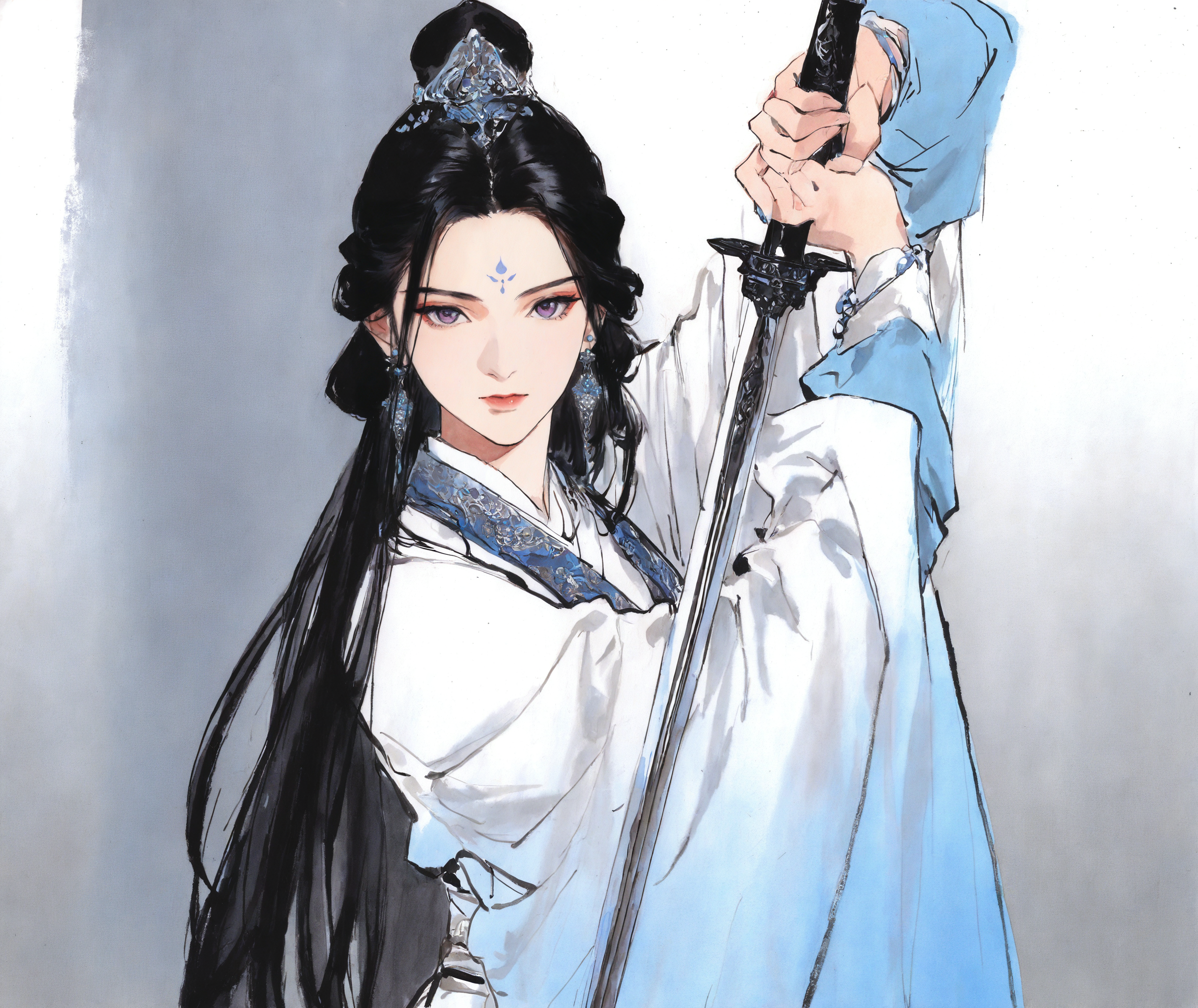 1girl, solo, long hair, looking at viewer, simple background, black hair, white background, holding, jewelry, purple eyes, weapon, earrings, sword,  grey background, holding weapon, parted bangs, gradient background, holding sword, chinese clothes, forehead mark, white hanfu, 
traditional media,
<lora:freehandink_NOOB1.0_V-PRED:1>
masterpiece, best quality, newest, absurdres, highres