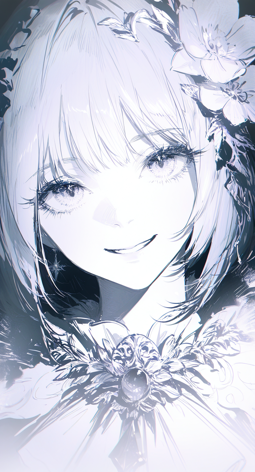 masterpiece, best quality, good quality, very aesthetic, absurdres, newest, 1girl, bob cut, brooch, flower, grin, hair flower, hair ornament, jewelry, long bangs, monochrome, parted lips, portrait, smile, solo, rella <lora:ponyv5_noobV065S_1_adamW-000013:0.7> <lora:USNR_STYLE_XL_lokr:0.45>